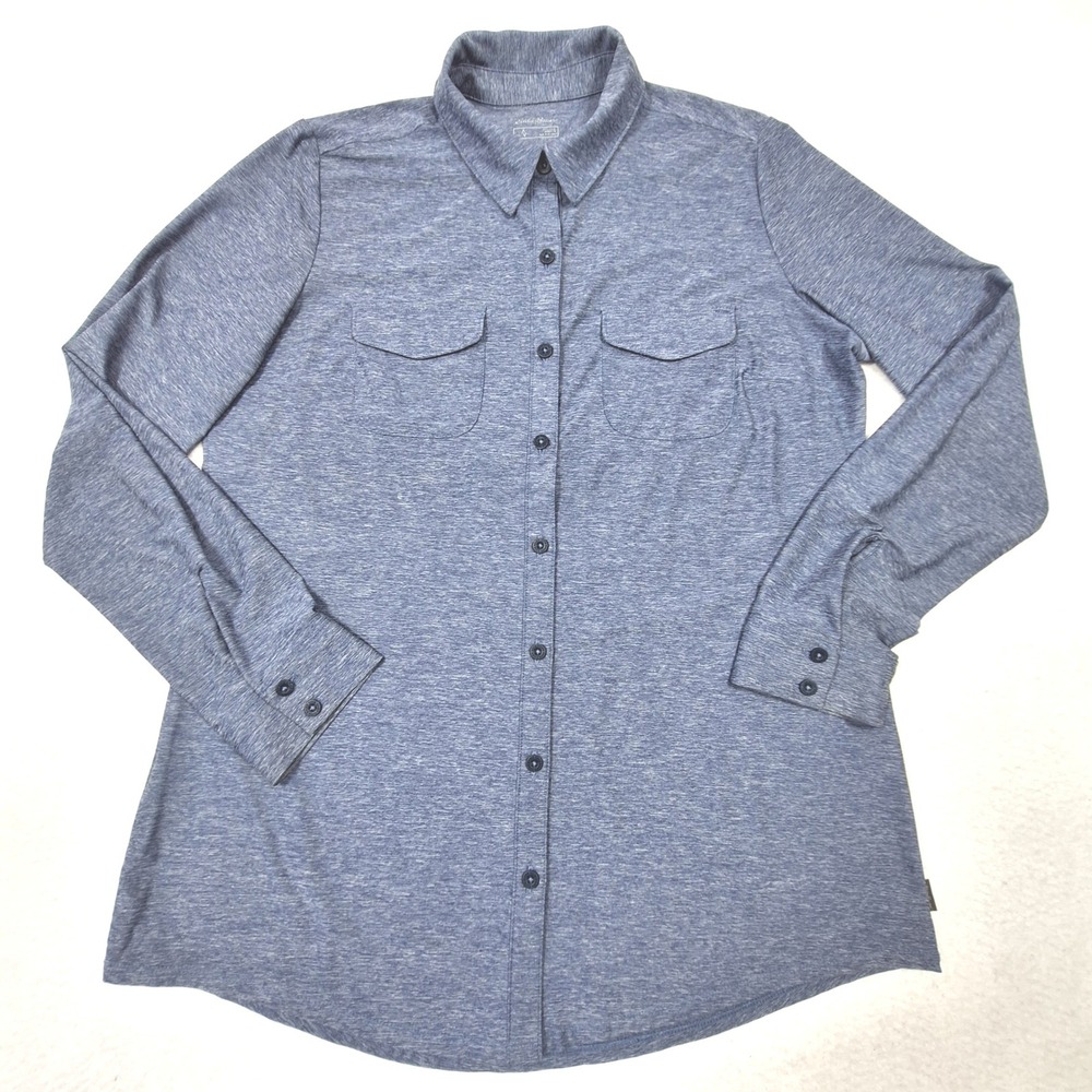 Eddie Bauer Travex Shirt Womens Large Blue Heathered Long Sleeve Button Down Top